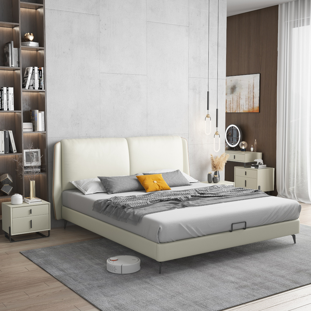 Italian Designer Modern Soft Bed Wooden Blue Grey Velvet Double Queen King Size Storage Bed