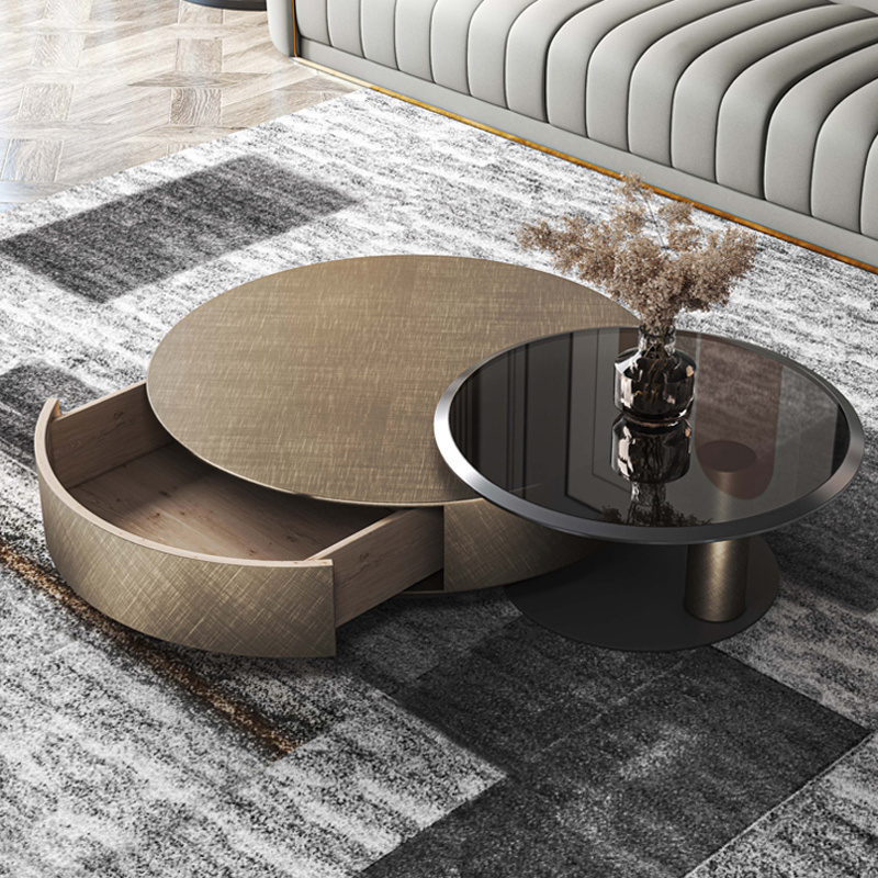 Modern Style Round Coffee Table Wood with Metal leg Living Room Furniture Glass Center Coffee Table