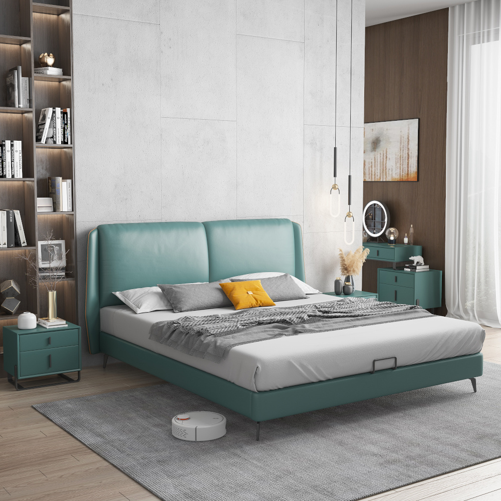 Italian Designer Modern Soft Bed Wooden Blue Grey Velvet Double Queen King Size Storage Bed