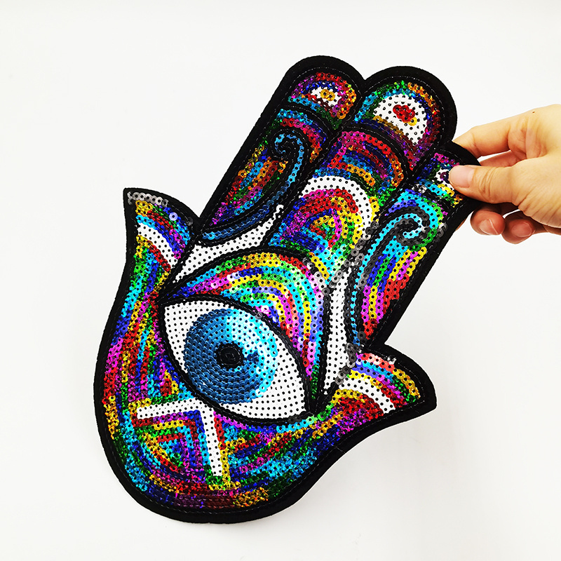 Custom embroidery felt patch hamsa hand eyes sequin embroidered iron on patches for t shirt