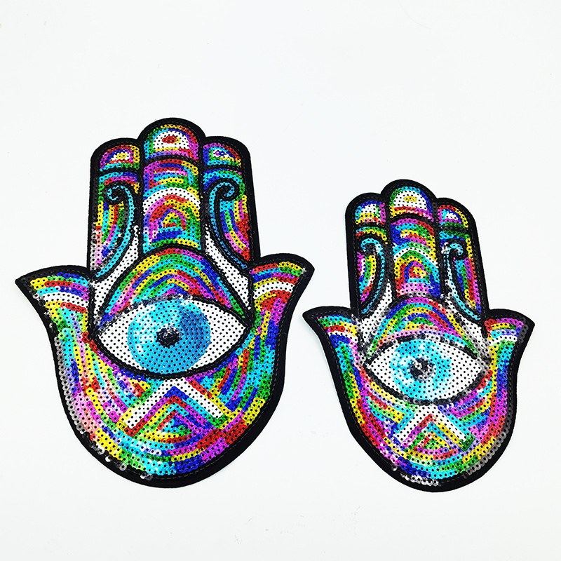 Custom embroidery felt patch hamsa hand eyes sequin embroidered iron on patches for t shirt