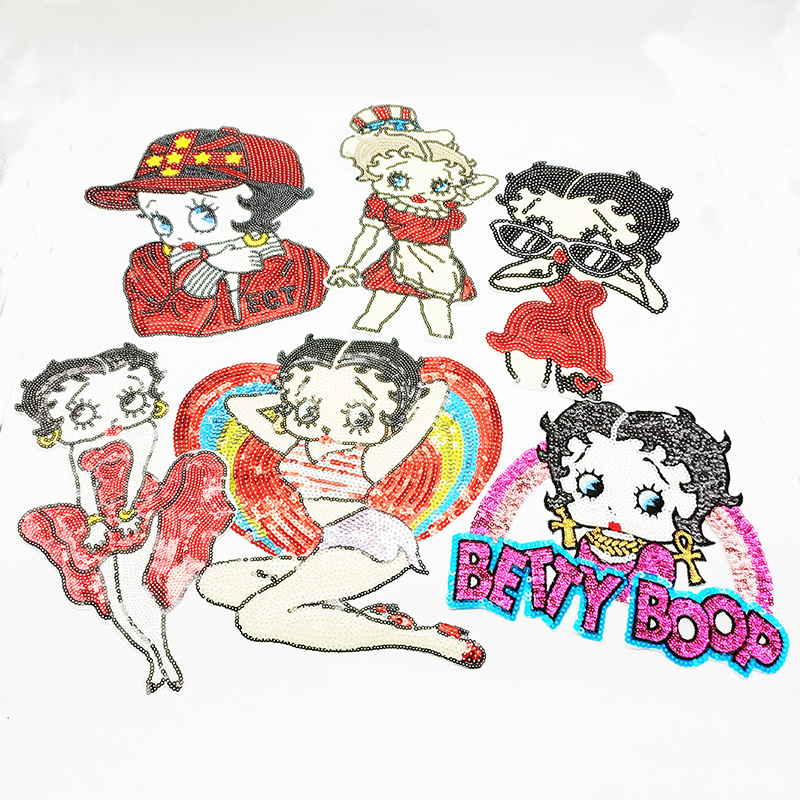 Small MOQ sexy boss girl dress tshirt iron on patch cartoon BT girl adhesive custom embroidery patches for clothing