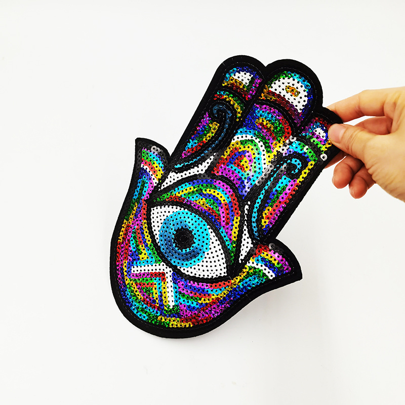 Custom embroidery felt patch hamsa hand eyes sequin embroidered iron on patches for t shirt