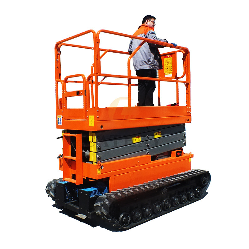 industrial all-electric battery 450kg 4~14m  rough terrain self-propelled crawler scissor lift with the automatic outriggers