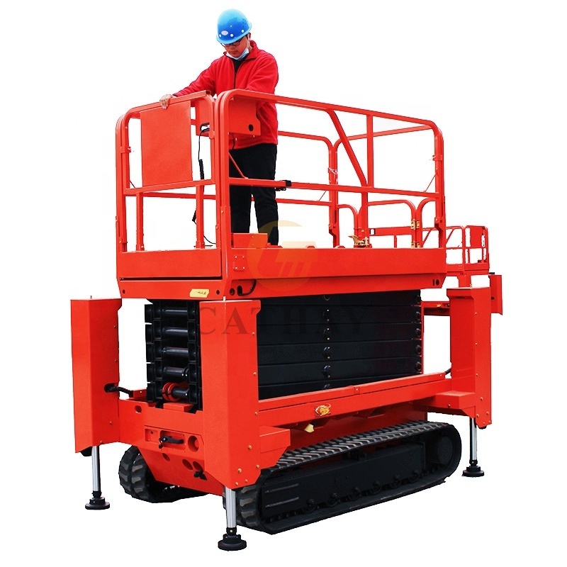 industrial all-electric battery 450kg 4~14m  rough terrain self-propelled crawler scissor lift with the automatic outriggers