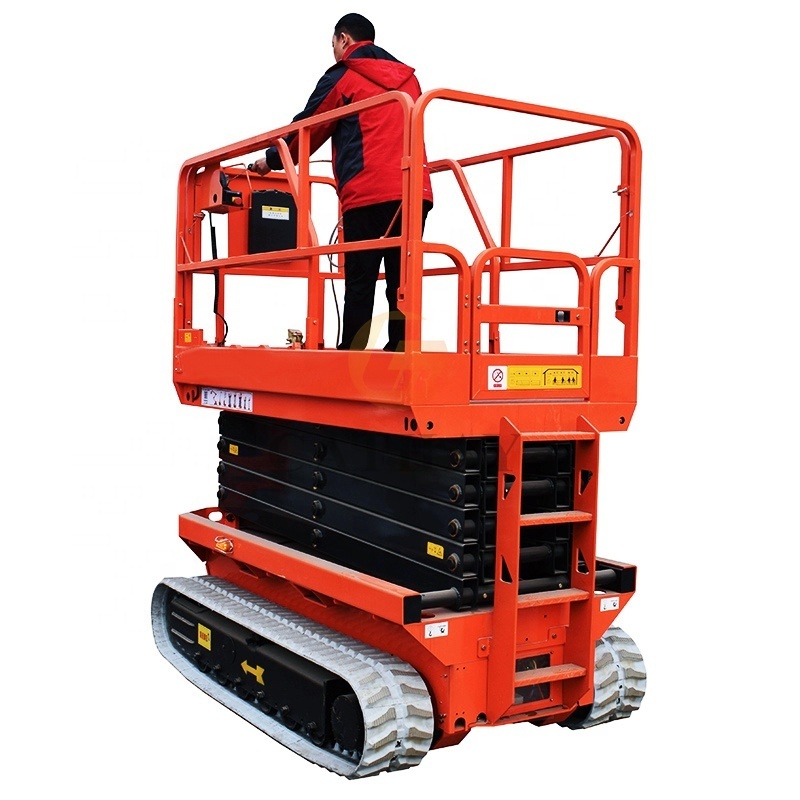 industrial all-electric battery 450kg 4~14m  rough terrain self-propelled crawler scissor lift with the automatic outriggers