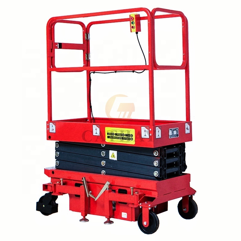 Cheap Semi-electric push around mini 3~6m 300kg load DC lifting and lowing manual moving scissor lift