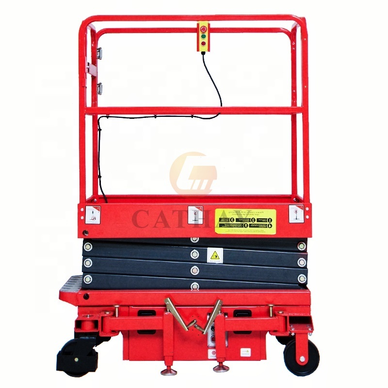 Cheap Semi-electric push around mini 3~6m 300kg load DC lifting and lowing manual moving scissor lift