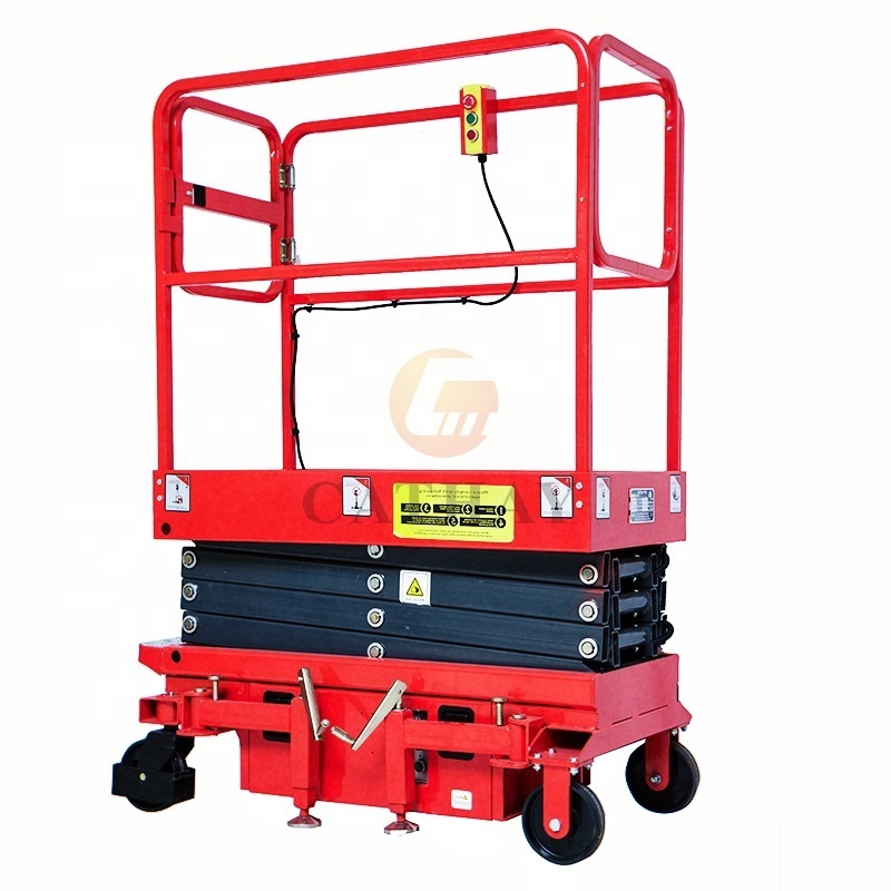 Cheap Semi-electric push around mini 3~6m 300kg load DC lifting and lowing manual moving scissor lift