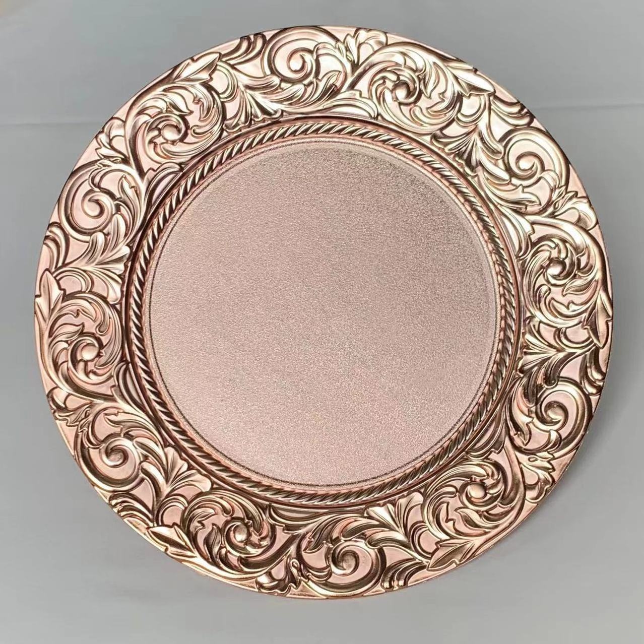 13inches Vintage Elegant Dinner Under Plate Shiny Retro Flower Edge Plastic Rose Gold Table Charger Plates for Wedding