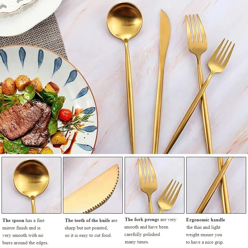 Portugal Gold Plated Matte Flatware Bulk Spoons Forks and Knife Stainless Steel Gold Portugal Cutlery Set for Wedding