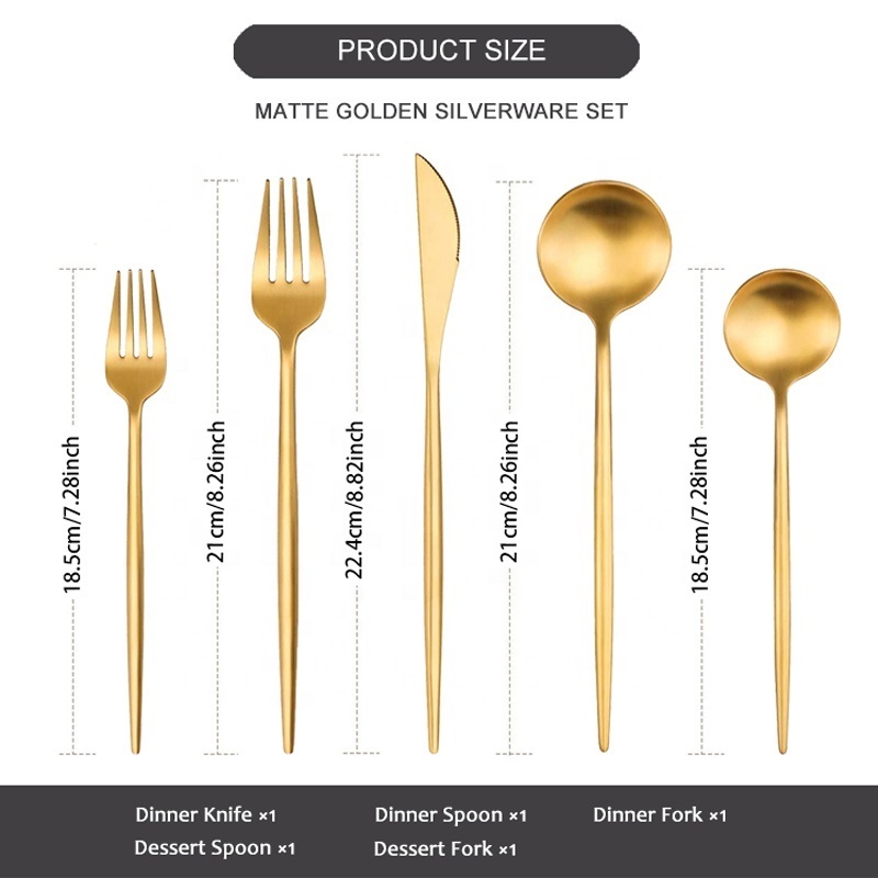 Portugal Gold Plated Matte Flatware Bulk Spoons Forks and Knife Stainless Steel Gold Portugal Cutlery Set for Wedding