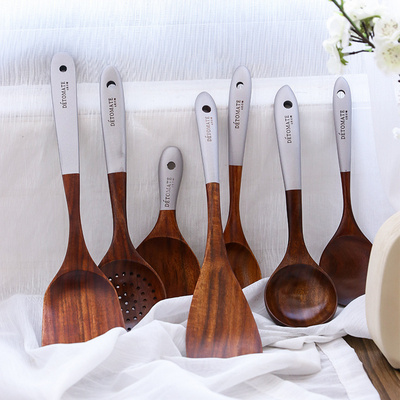 New Eco-Friendly 8 PCS Kitchen Tools Scraper Spatulas Spoon Teak Wood Cooking Utensil Set with Hole