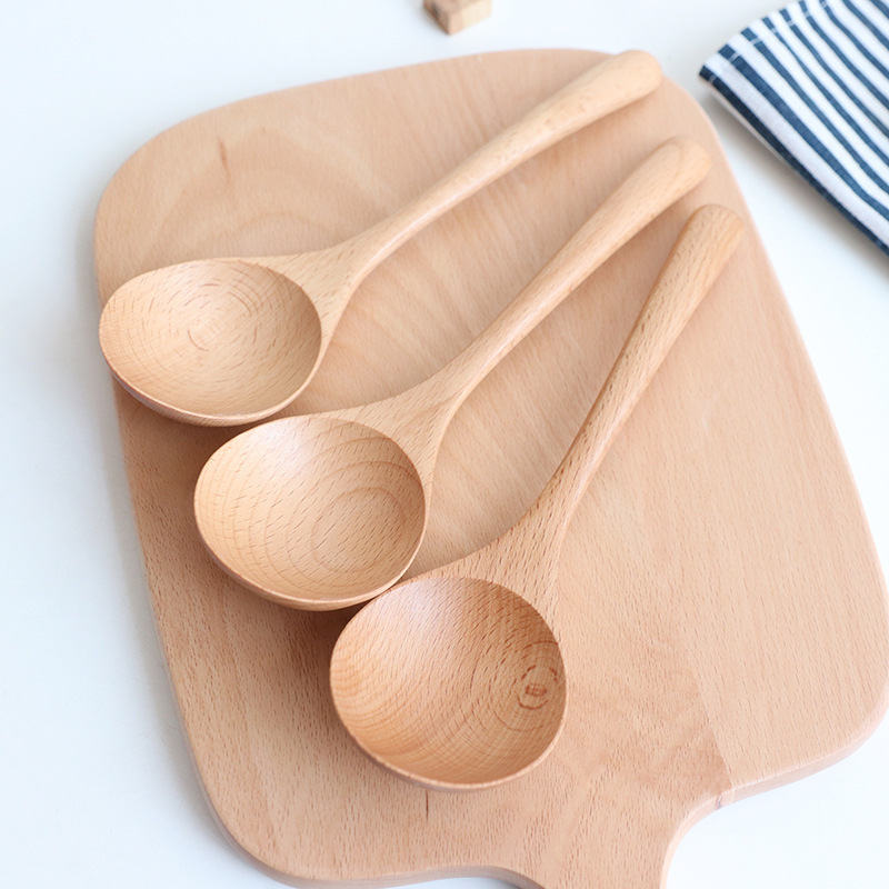 High grade quality eco friendly reusable  big round shape smooth natural beech wood spoon for soup