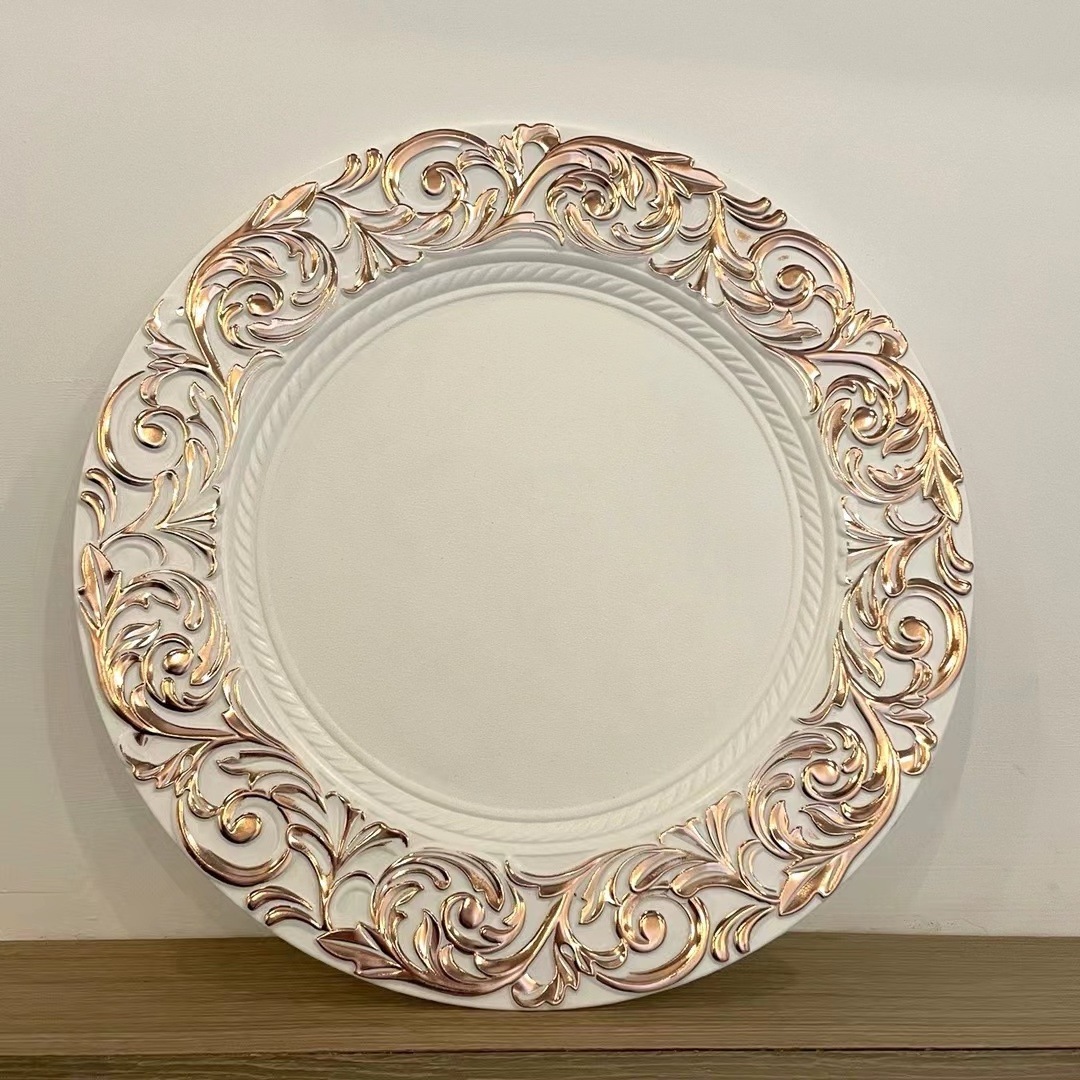 13inches Vintage Elegant Dinner Under Plate Shiny Retro Flower Edge Plastic Rose Gold Table Charger Plates for Wedding