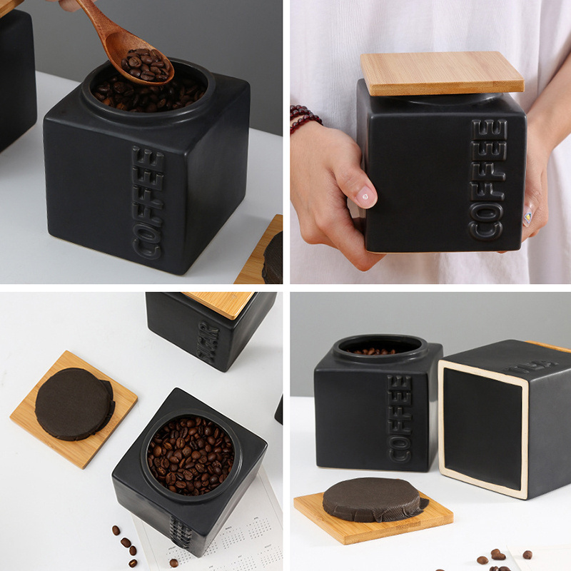 Luxury Black Kitchen Coffee Tea Sugar Food Storage Containers Ceramic Spice Jar with Bamboo Lid