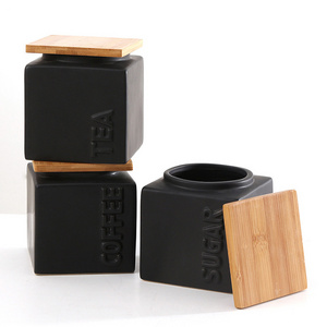 Luxury Black Kitchen Coffee Tea Sugar Food Storage Containers Ceramic Spice Jar with Bamboo Lid