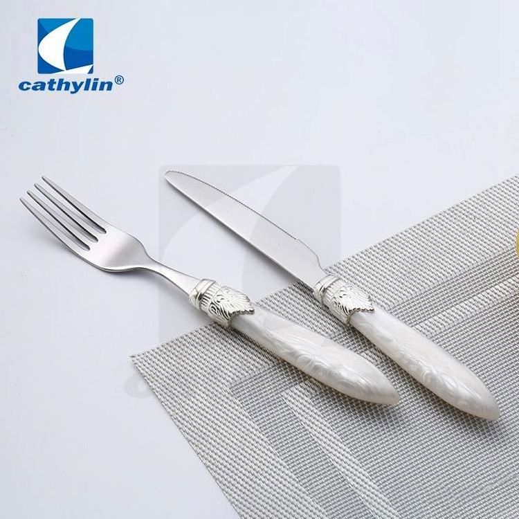 Cathylin shiny stainless steel acrylic handle customized logo knife spoon fork flatware and cutlery set