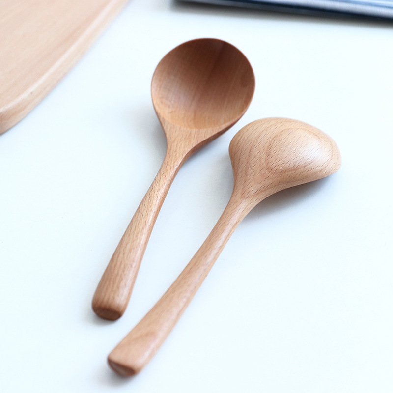 High grade quality eco friendly reusable  big round shape smooth natural beech wood spoon for soup