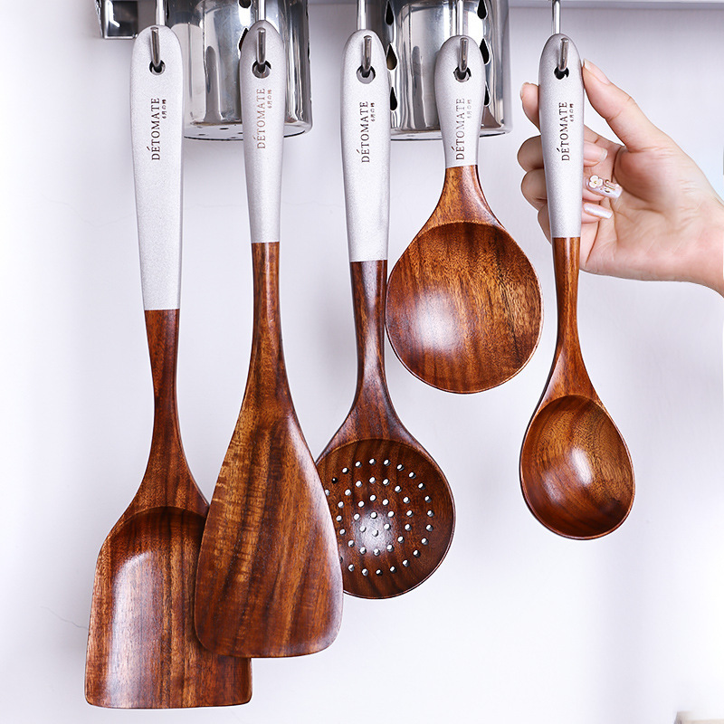 New Eco-Friendly 8 PCS Kitchen Tools Scraper Spatulas Spoon Teak Wood Cooking Utensil Set with Hole