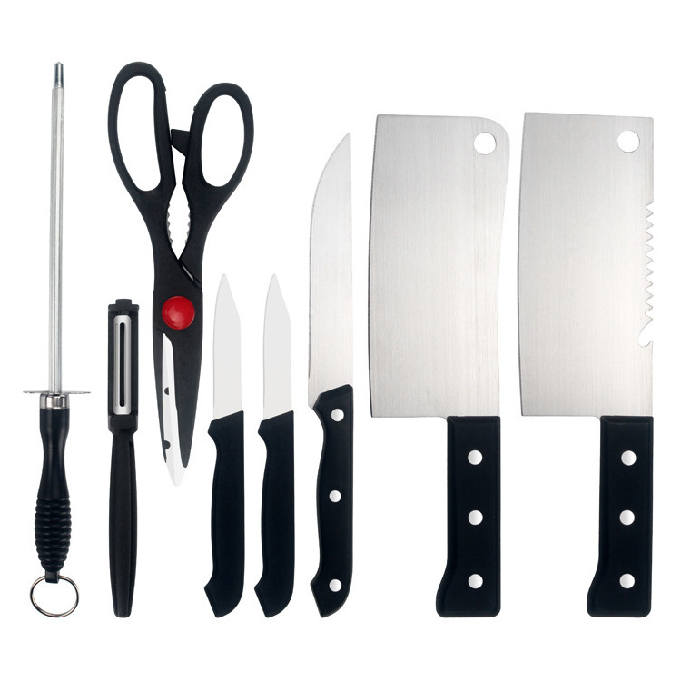 Wholesale 4 piece 8 PCS Multifunctional Stainless Steel Black Plastic Handle Scissors Kitchen Knife Set