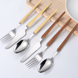 Japanese Retro Stainless Steel #304 4 Pcs Flatware Set Knife Fork Spoon Cutlery Set with Wood Handle