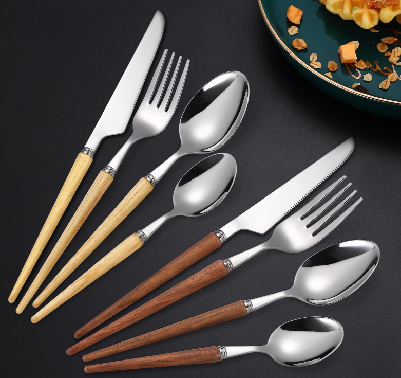 Japanese Retro Stainless Steel #304 4 Pcs Flatware Set Knife Fork Spoon Cutlery Set with Wood Handle