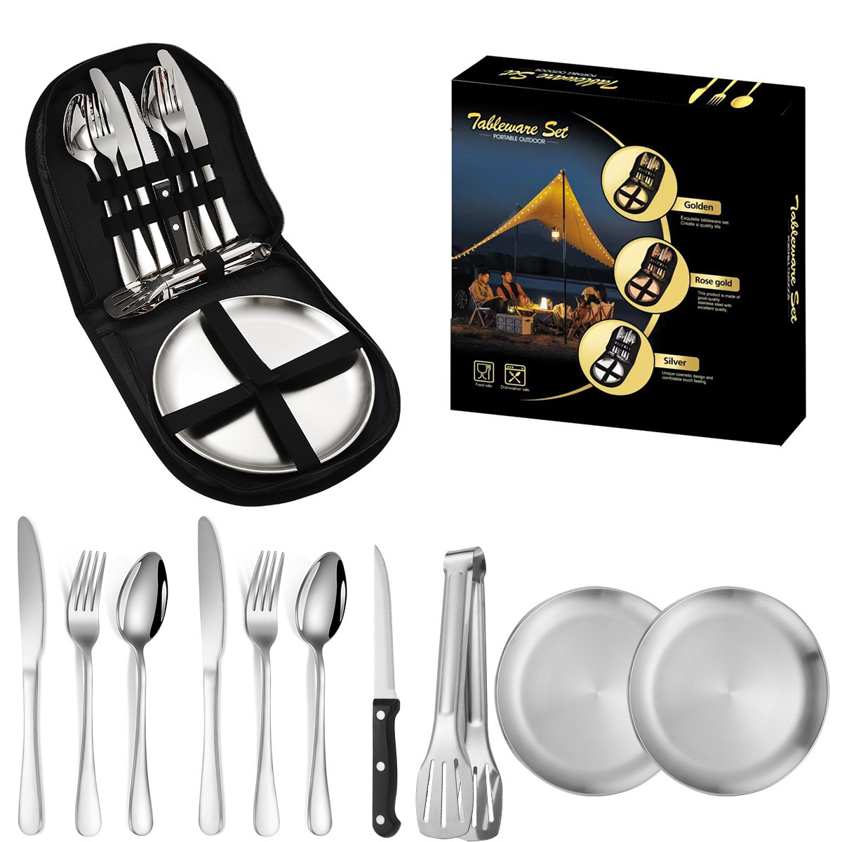 10PCS Portable Travel Flatware Set 410 Stainless Steel Bbq Clips Spoon Fork Knife Plate Cutlery in Bag