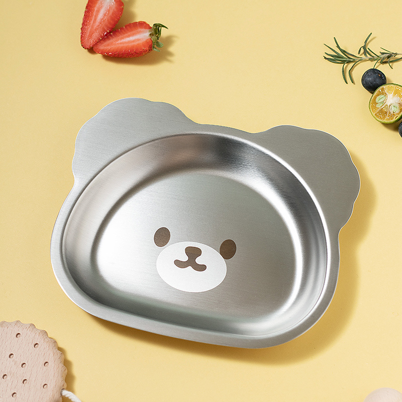 Cute Cartoon Animal Stainless Steel 304 Tableware Silicone Suction Plate Dinner Set for Kids Baby