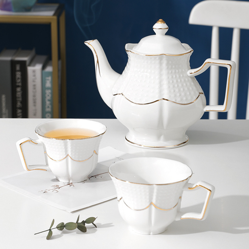 Luxury European Style White Color 8pcs Porcelain Coffee Tea Set With Gold Plated Ceramic Tea Pot And Cup Set