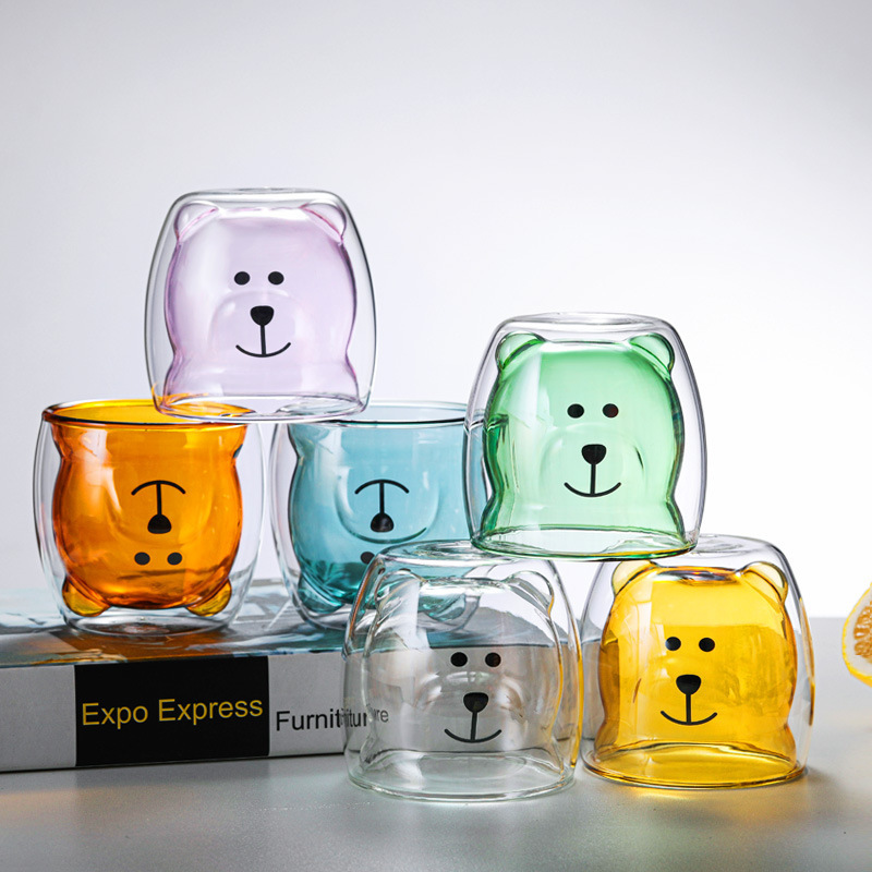 Wholesale Cute Cartoon Animal Bear Shape 250ml Double Wall Clear Borosilicate Glass Coffee Cup for Drinking