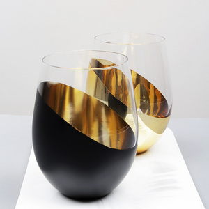 Luxury translucent red wine glasses modern design gold black clear stemless wine glasses