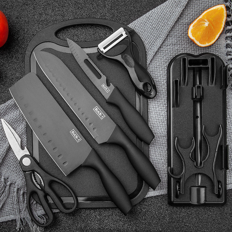 Home Use 7 PCS Plastic Pp Handle Black Stainless Steel 2cr13 Kitchen Knife Set with Cutting Board Foldable Knife Rack Holder