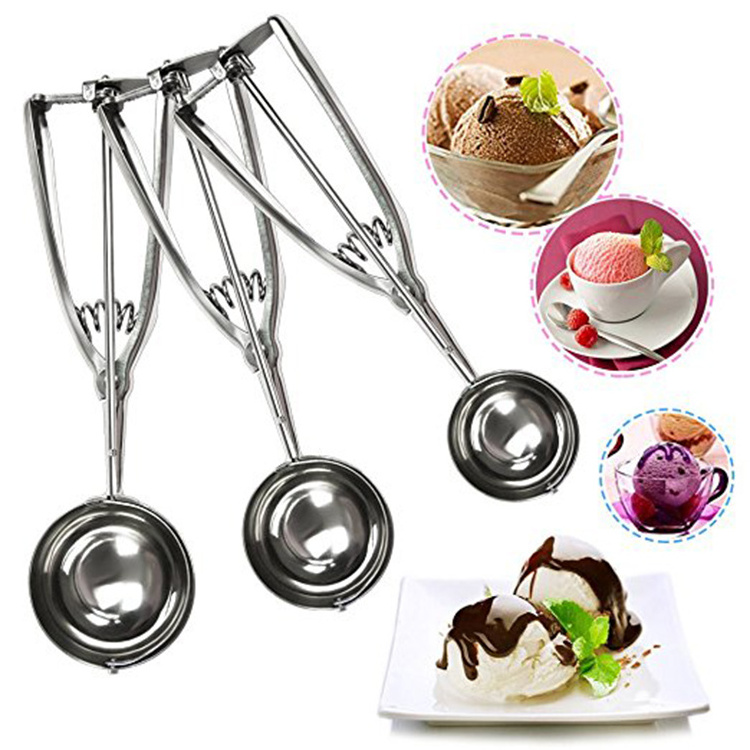 Manufacturers press and release meat cookies ball metal stainless steel spoon ice cream scoop with easy trigger