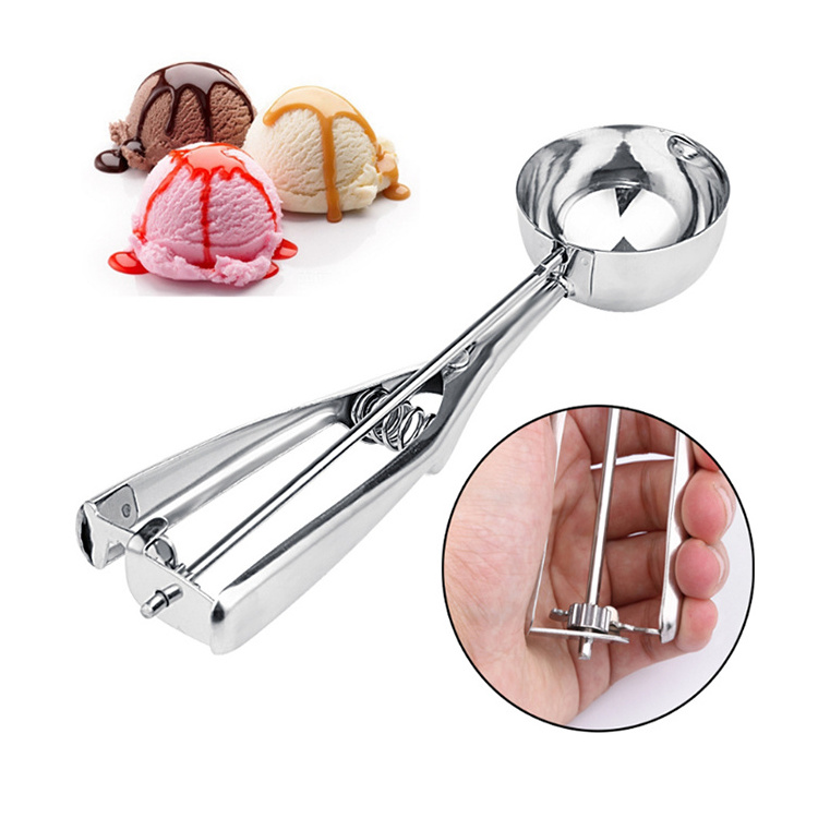 Manufacturers press and release meat cookies ball metal stainless steel spoon ice cream scoop with easy trigger