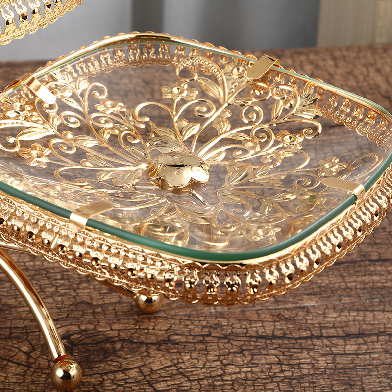 Luxury Gold Food Desserts Cake Shelf Dry Fruit 3 Square Plates Serving Crystal Glass Food Tray for Wedding Party