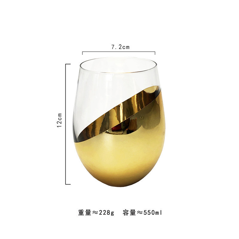 Luxury translucent red wine glasses modern design gold black clear stemless wine glasses