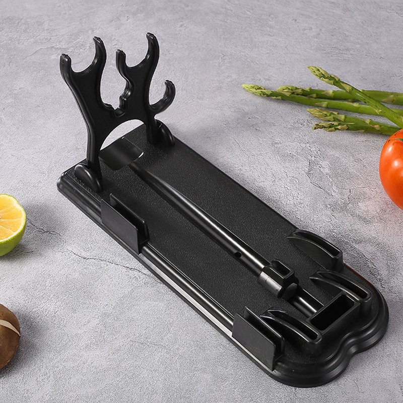 Home Use 7 PCS Plastic Pp Handle Black Stainless Steel 2cr13 Kitchen Knife Set with Cutting Board Foldable Knife Rack Holder