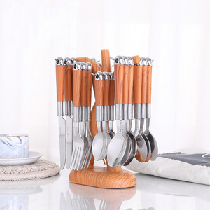 Stainless Steel Creative Wooden Handle Flatware Set Knife Fork Spoon Portable 24-piece Cutlery Set With Cutlery Rack