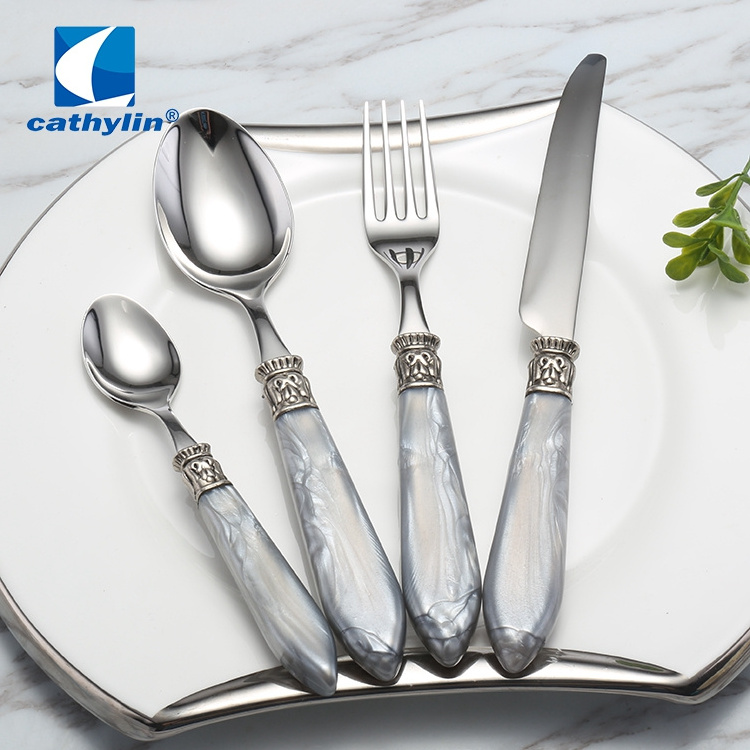 Cathylin hotel acrylic handle marble stainless steel cutlery set, cheap flatware 18/10