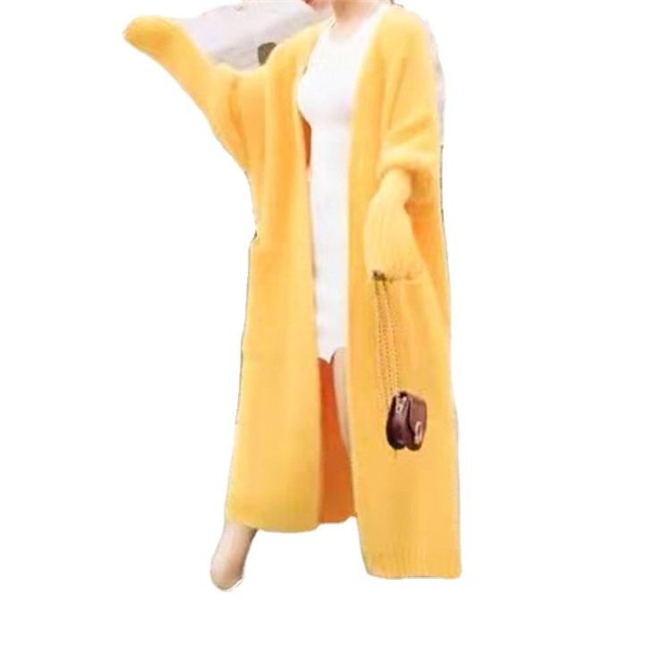 Autumn Winter Korean Slouchy Long Fuzzy Cardigans Plain Cozy Knee Length Coat Womens Open Front Knit Sweaters Cardigan Pockets