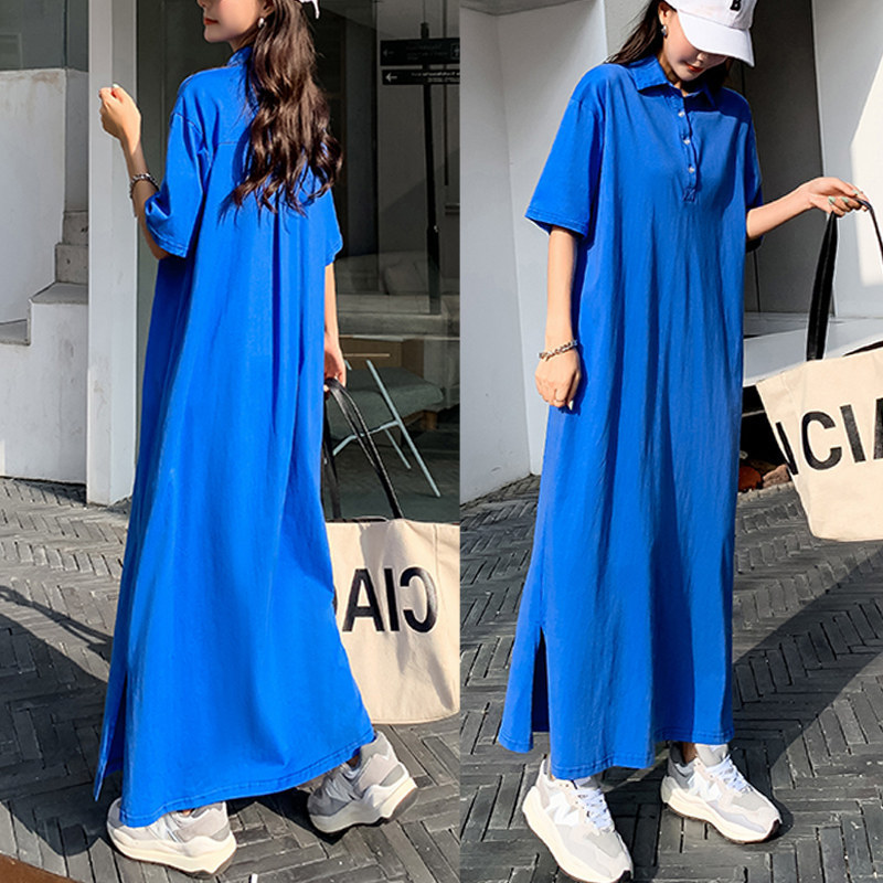 Wholesale Korean Summer Casual Maxi Dress Ladies Plus Size Short Sleeve Long Polo Shirt Cotton Blank T Shirt Dresses For Women