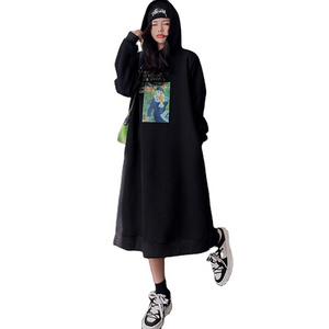 2022 Wholesale Cotton Long Hoodie dress Fleece Custom Korean Style Oversize Printing Hooded Sweatshirt Maxi dresses