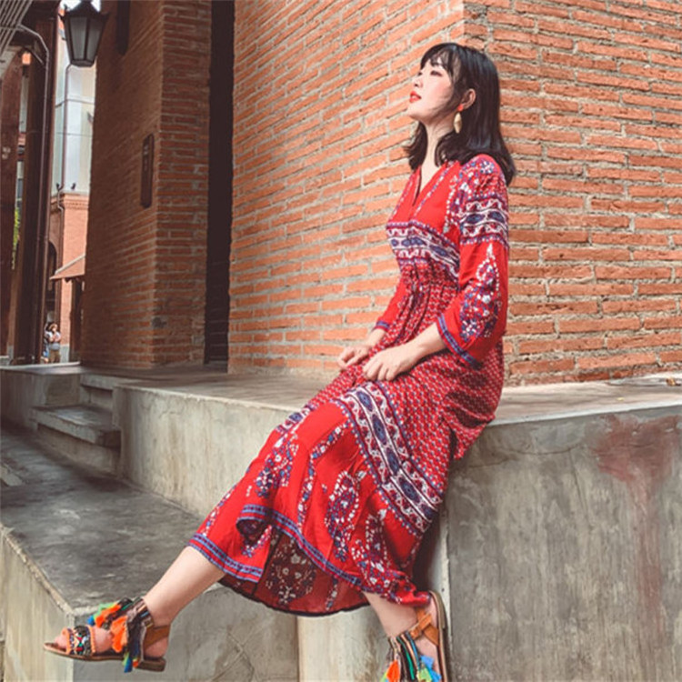 Latest Fashion Thailand ethnic style women summer printing buttons tight waist holiday boho beach long maxi floral dresses