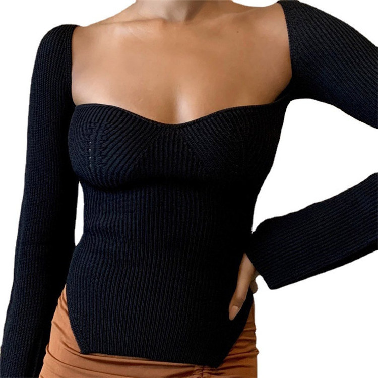 Droshipping Autumn Thin Square Collar Sweaters Basic Custom Cozy Slim Knitted Women Solid Color Pullover Cropped Tops Jumper