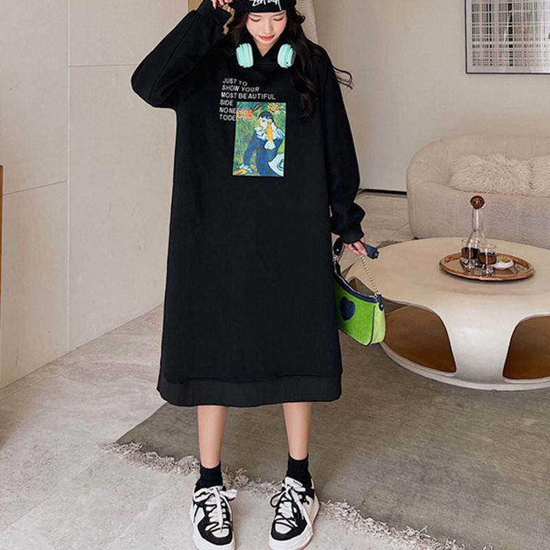 2022 Wholesale Cotton Long Hoodie dress Fleece Custom Korean Style Oversize Printing Hooded Sweatshirt Maxi dresses