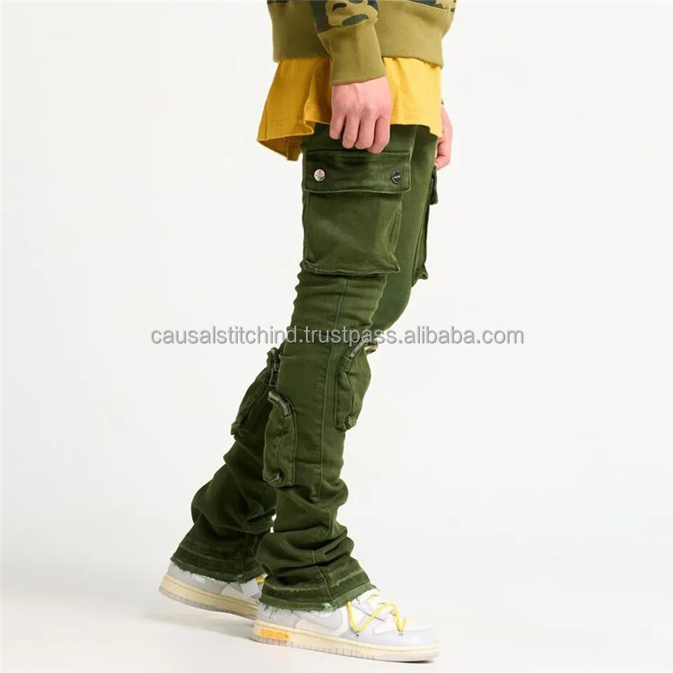 OEM mens pants& trousers High Quality Streetwear Sweatpants Custom High Waist Skinny Cotton Multi Pockets Men's Stacked Pants