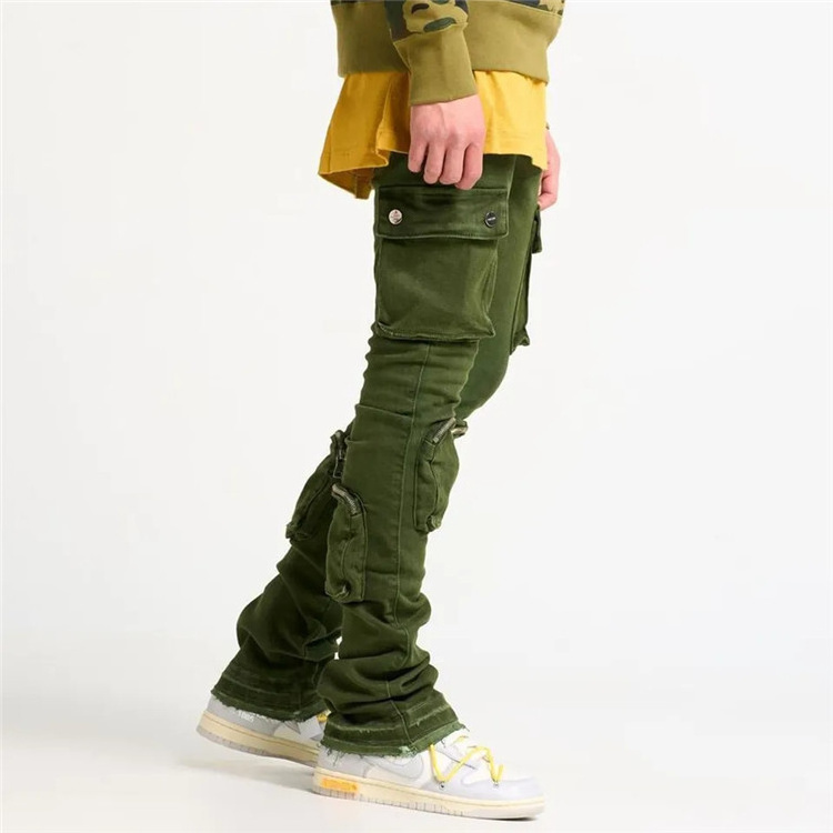 OEM mens pants& trousers High Quality Streetwear Sweatpants Custom High Waist Skinny Cotton Multi Pockets Men's Stacked Pants