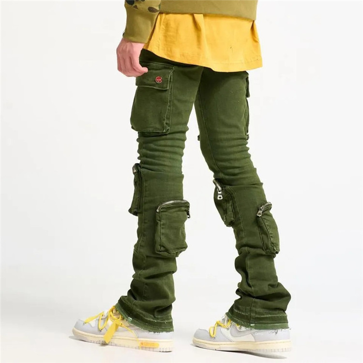 OEM mens pants& trousers High Quality Streetwear Sweatpants Custom High Waist Skinny Cotton Multi Pockets Men's Stacked Pants