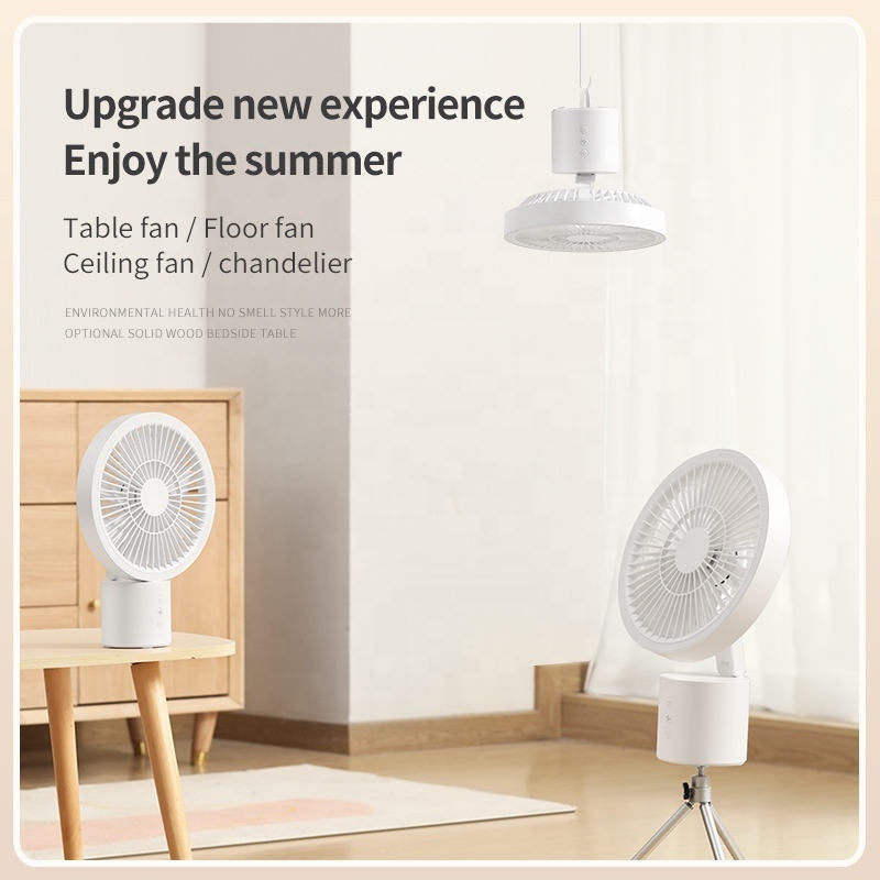 2023 New Arrival Portable Usb Rechargeable Mini Rotation Desk 2 in 1 Ceiling Fan Outdoor Camping Tripod Fan With Led Light